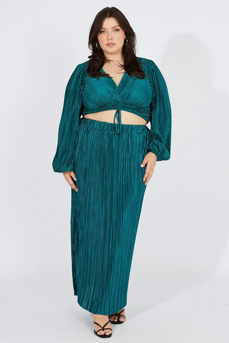 Green Midi Skirt Side Split Plisse Relaxed Motion Weighted Hem