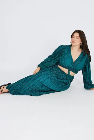 Green Midi Skirt Side Split Plisse Fresh Aesthetic
