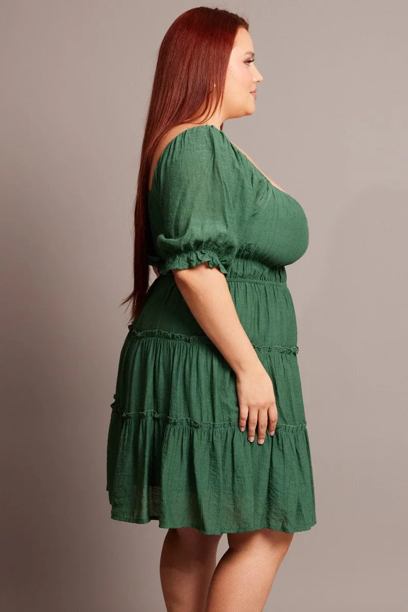 Green Mini Dress With Elastic Waist And Frill Skirt Cozy Vibes Daily Favorite