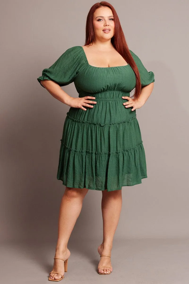 Green Mini Dress With Elastic Waist And Frill Skirt Everyday Vibe