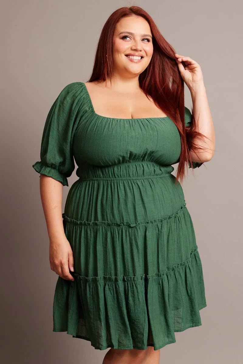 Tapered Cut Green Mini Dress With Elastic Waist And Frill Skirt