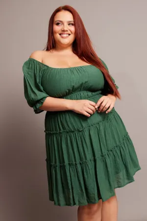 Green Mini Dress With Elastic Waist And Frill Skirt Functional Look All Occasion