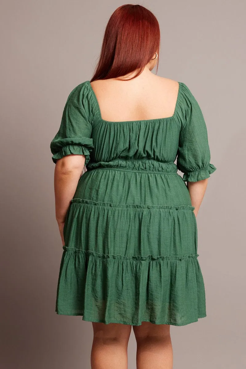 Easy Movement Green Mini Dress With Elastic Waist And Frill Skirt