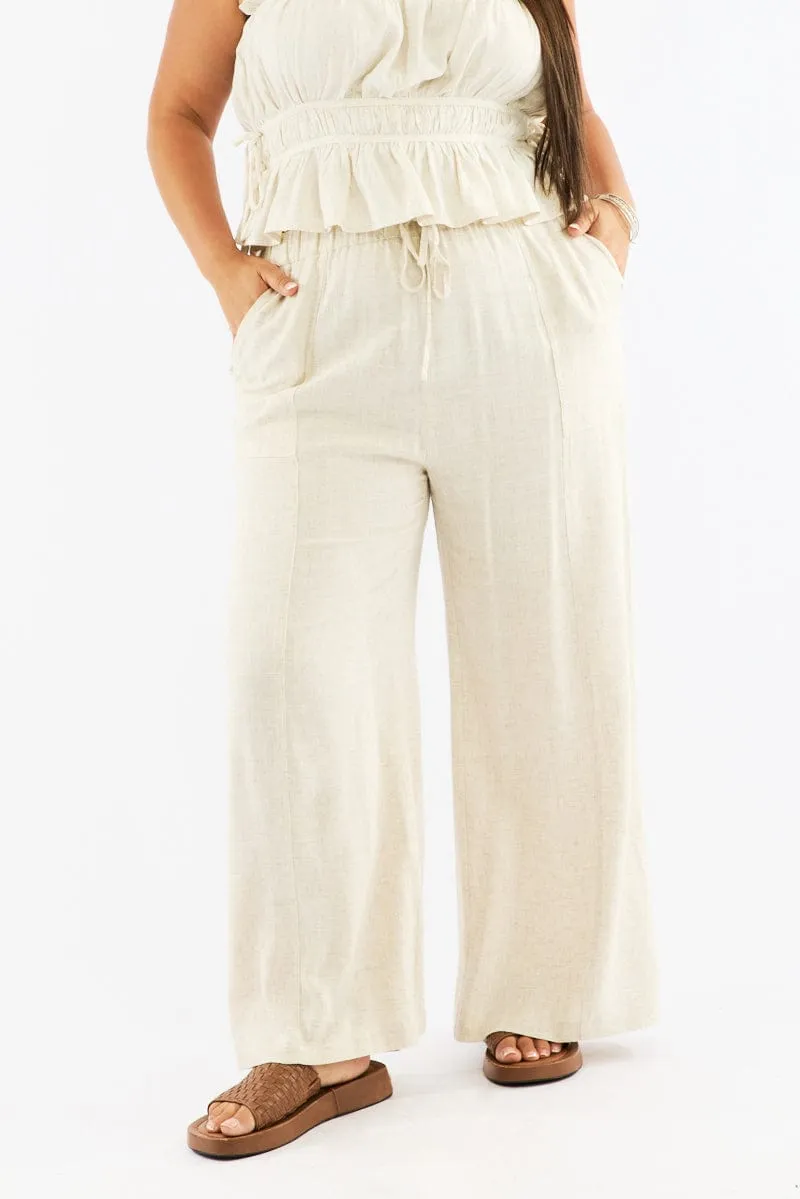 Timeless Design Sweat Wicking Liner Beige Seam Detail Linen Blend Wide Leg Pants