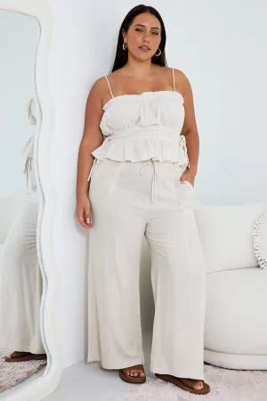 Side slits Comfortable Wear Beige Seam Detail Linen Blend Wide Leg Pants