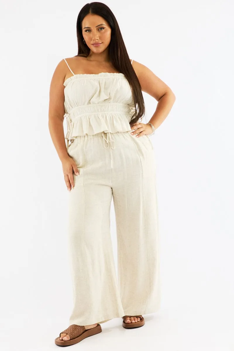 Beige Seam Detail Linen Blend Wide Leg Pants Stain Resistant Weave
