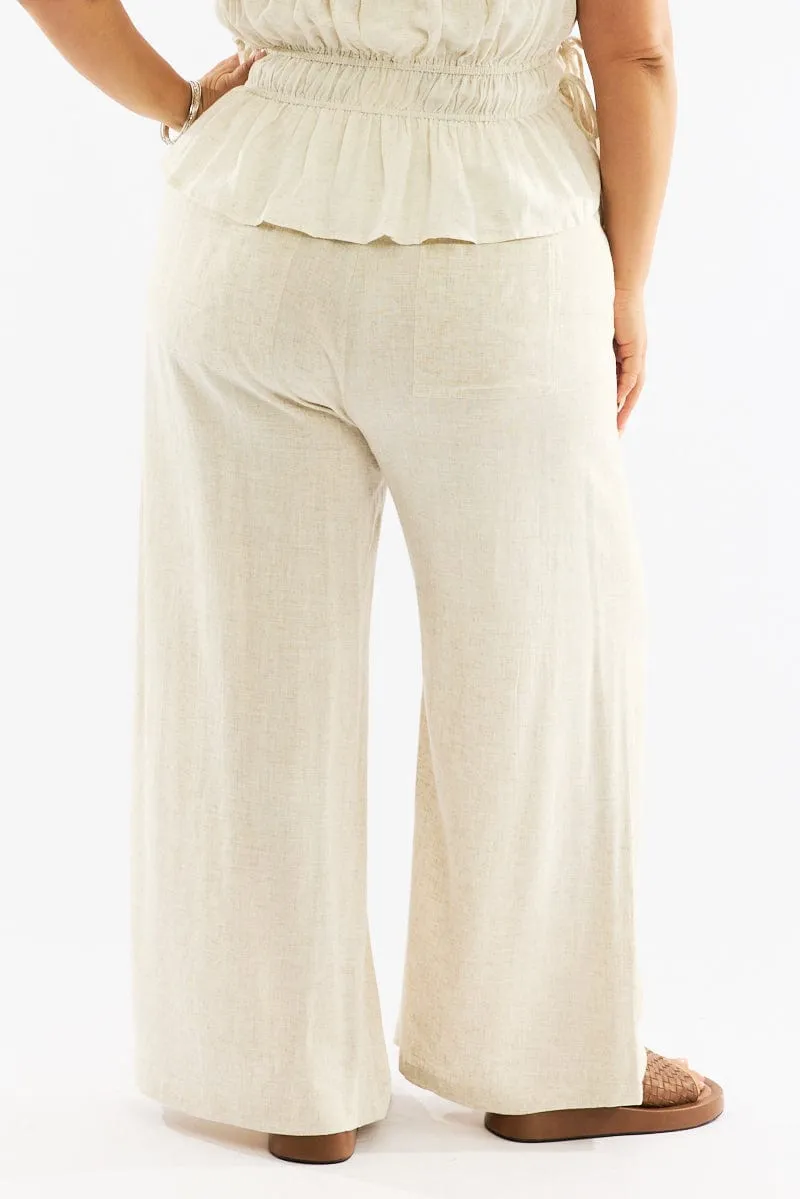 Beige Seam Detail Linen Blend Wide Leg Pants Sleek Style