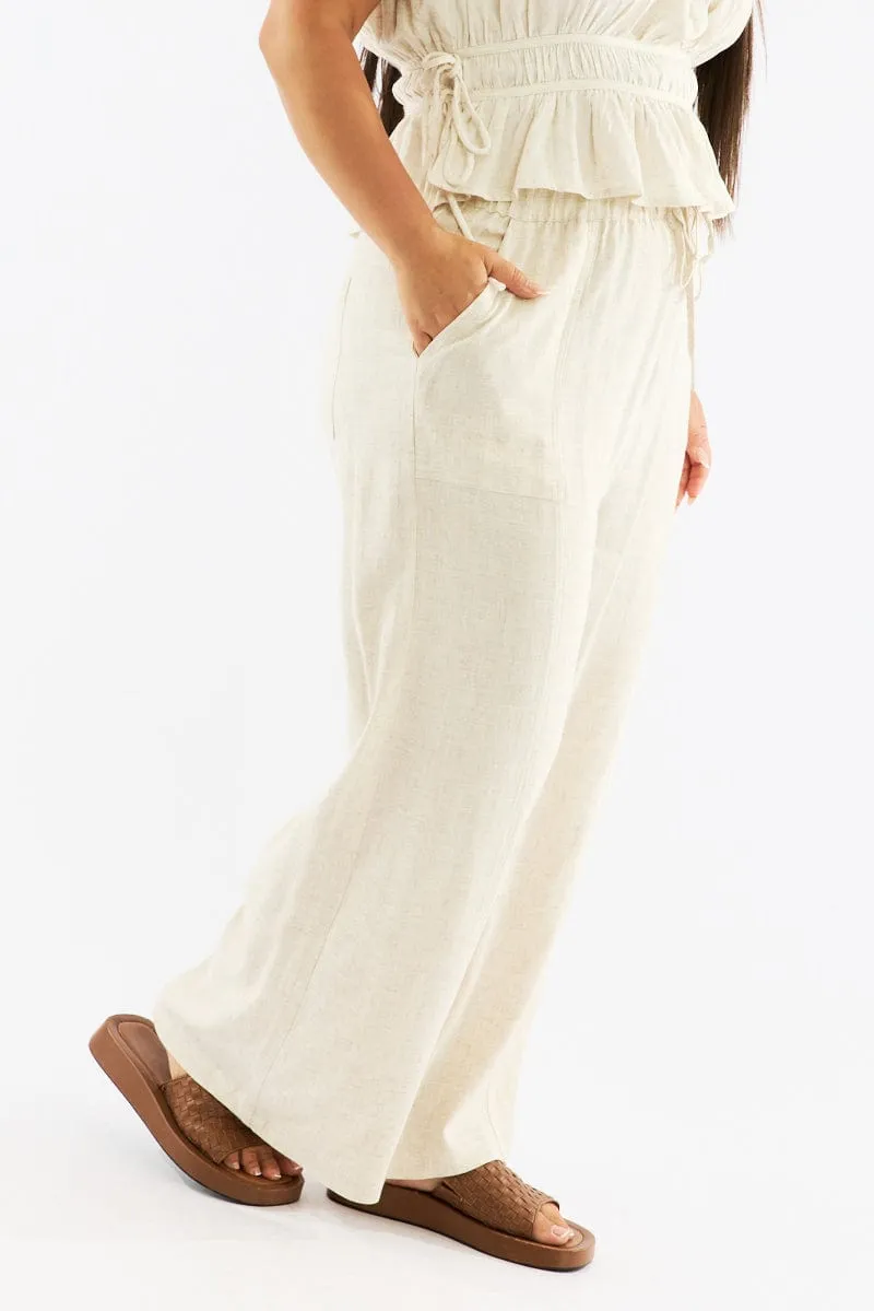 Flexible Layer Beige Seam Detail Linen Blend Wide Leg Pants