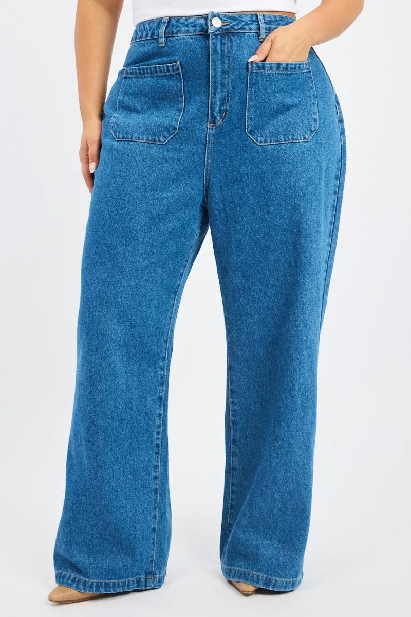 Reinforced Stitching Details Stretch Classic Wear Denim Wide Leg Jeans High Rise