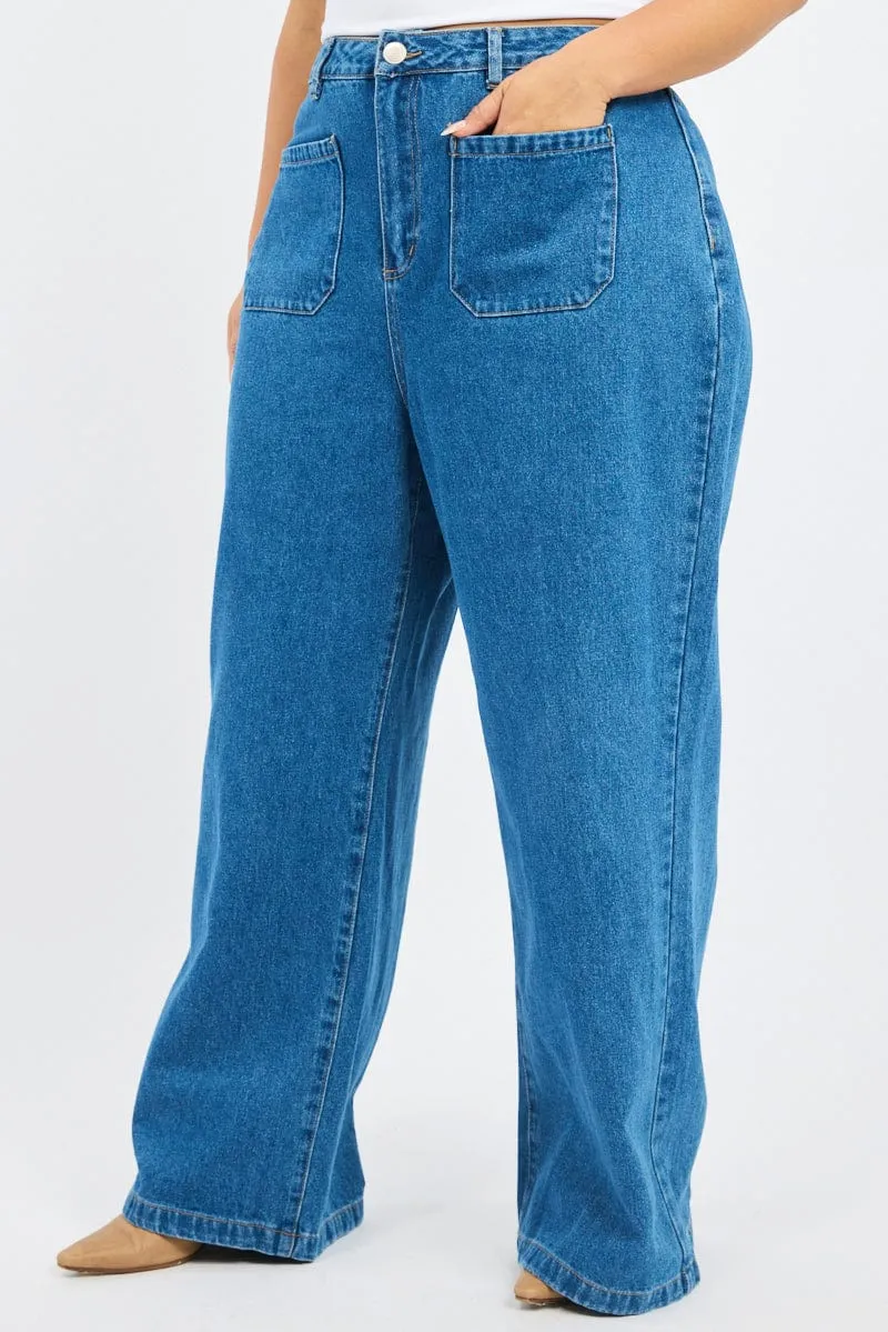 Classic Style Denim Wide Leg Jeans High Rise