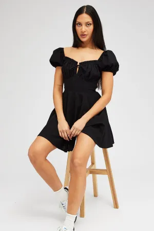 Fashion Footwear casual fun Black Fit And Flare Dress Puff Sleeve Mini