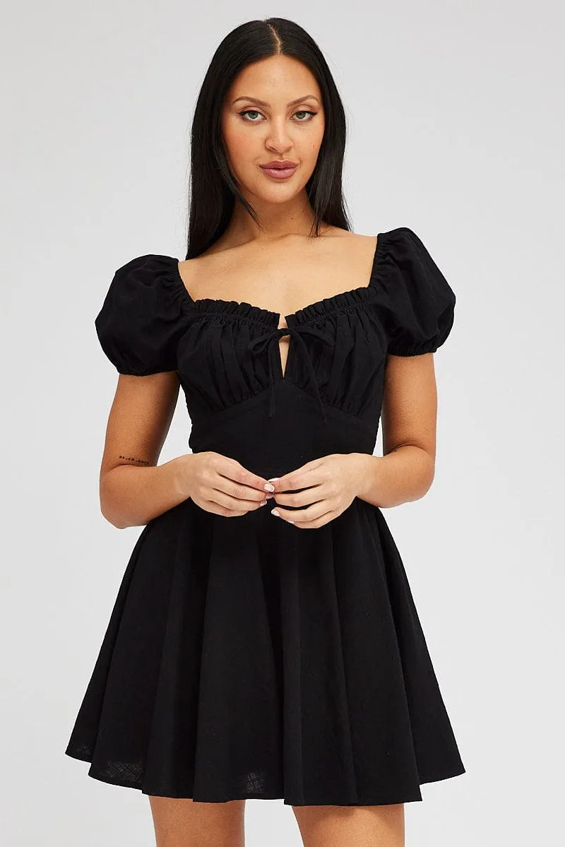 Vacation Mood Smart Casual Black Fit And Flare Dress Puff Sleeve Mini
