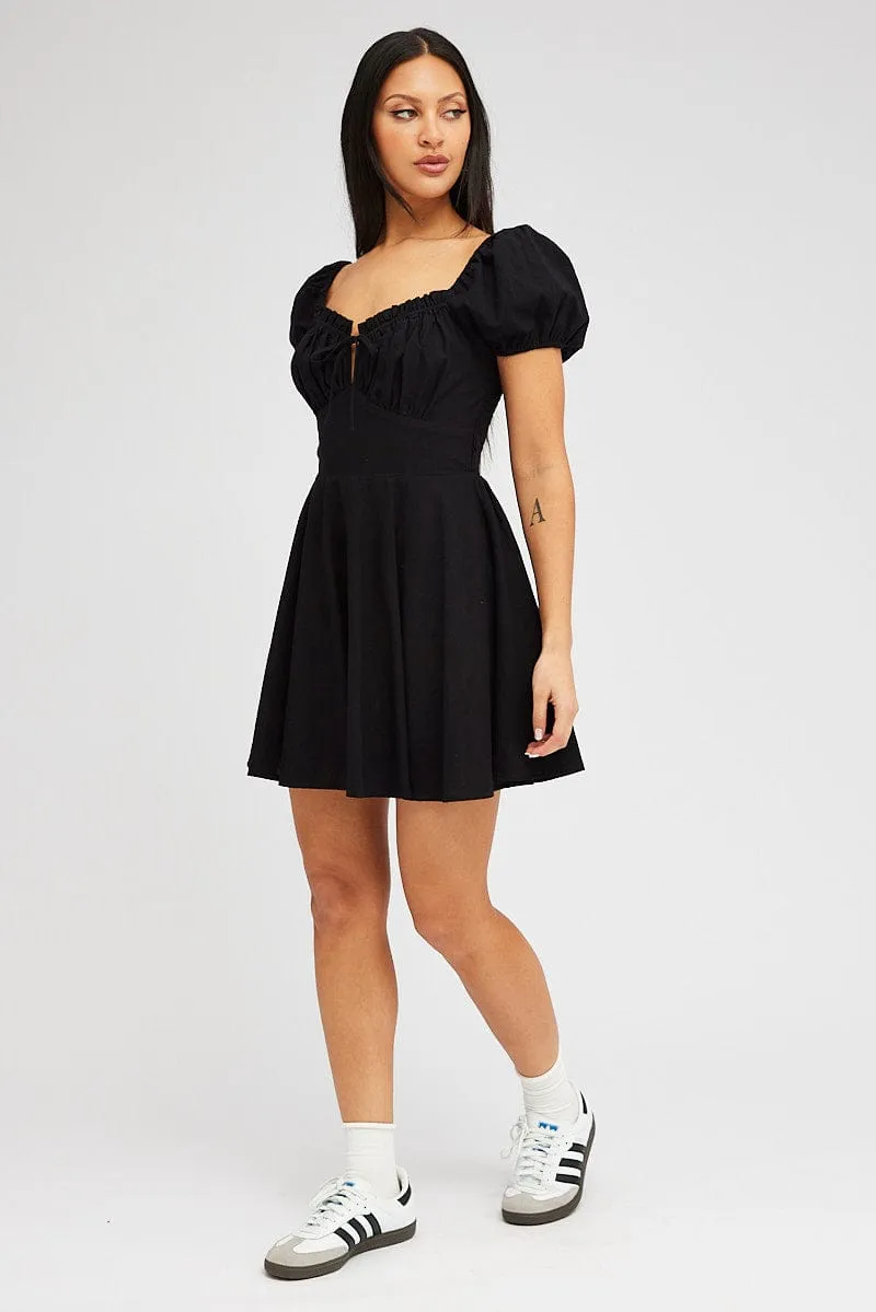 Black Fit And Flare Dress Puff Sleeve Mini Net Fit