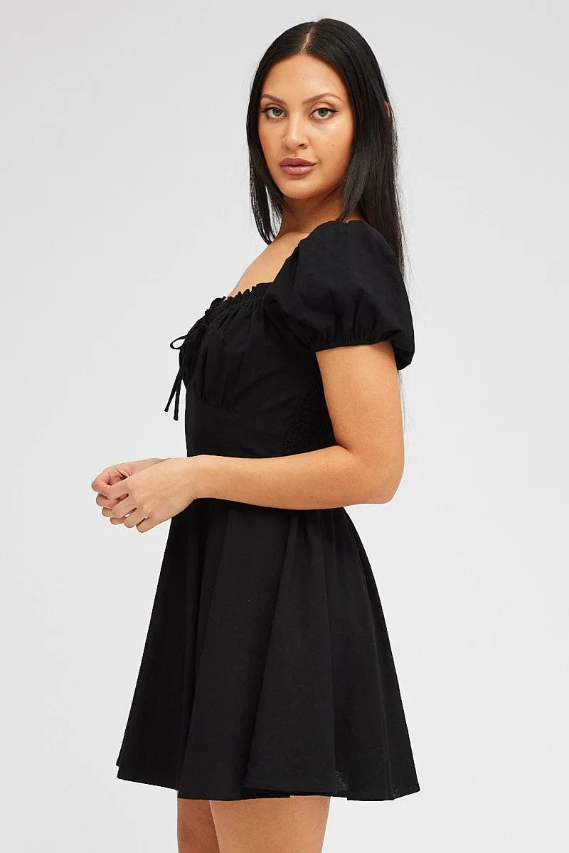 Black Fit And Flare Dress Puff Sleeve Mini Summer Ready TensionAdjustedWaistband
