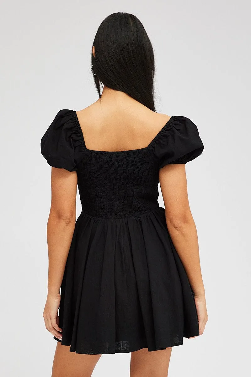 Office Glam Black Fit And Flare Dress Puff Sleeve Mini