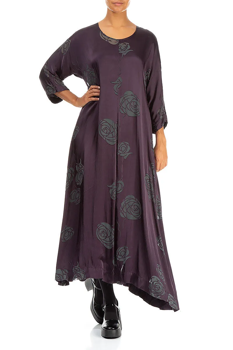 Flared Roses Purple Silk Dress FlexFitTechnology Relaxed trousers