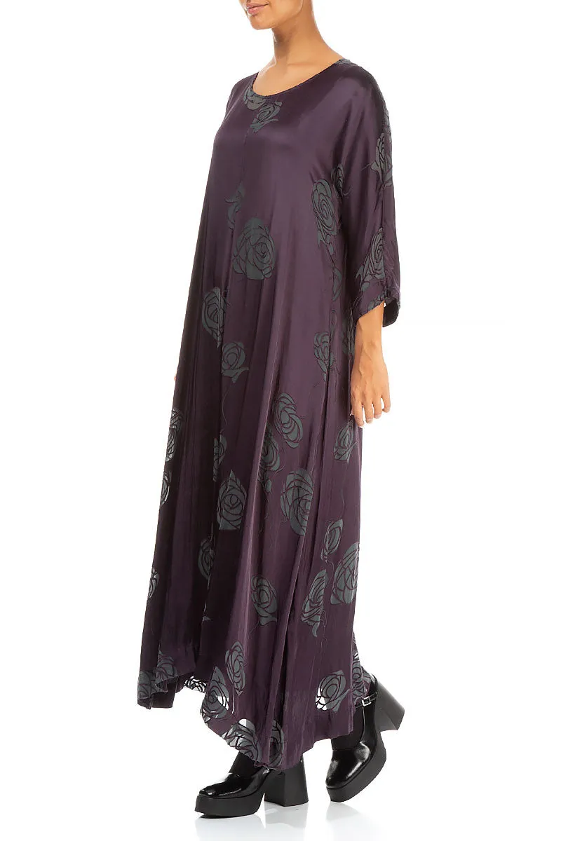 Flared Roses Purple Silk Dress FlexibleCollar