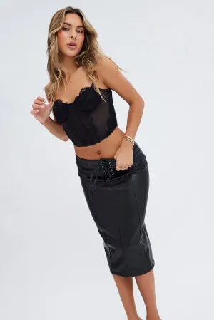 Adjustable Waistband Black Midi Skirt Low Rise Lace Up Front Faux Leather PU