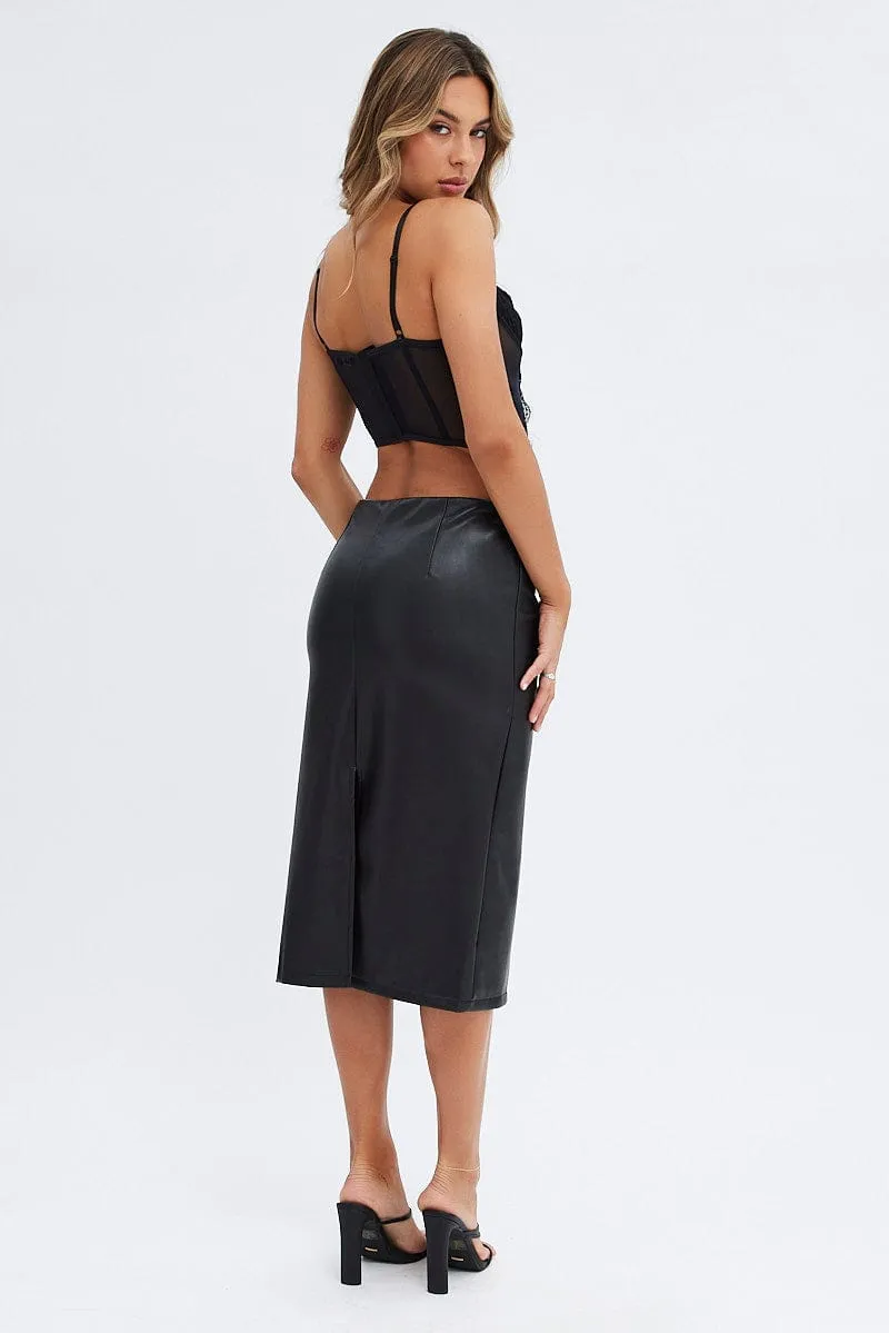 Date night Black Midi Skirt Low Rise Lace Up Front Faux Leather PU
