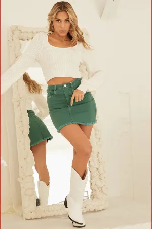 Green Mini Skirt High Rise Fray Hem Comfy Look