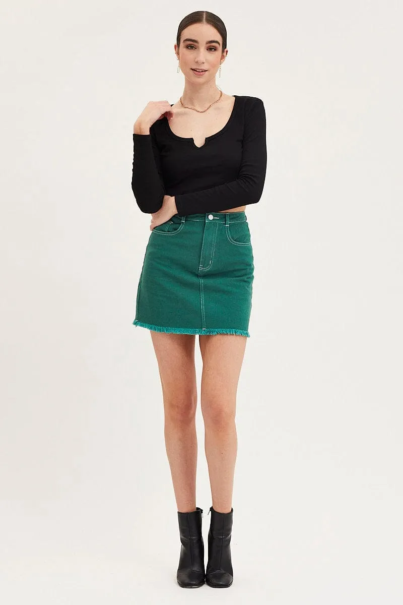 Green Mini Skirt High Rise Fray Hem Classic Look