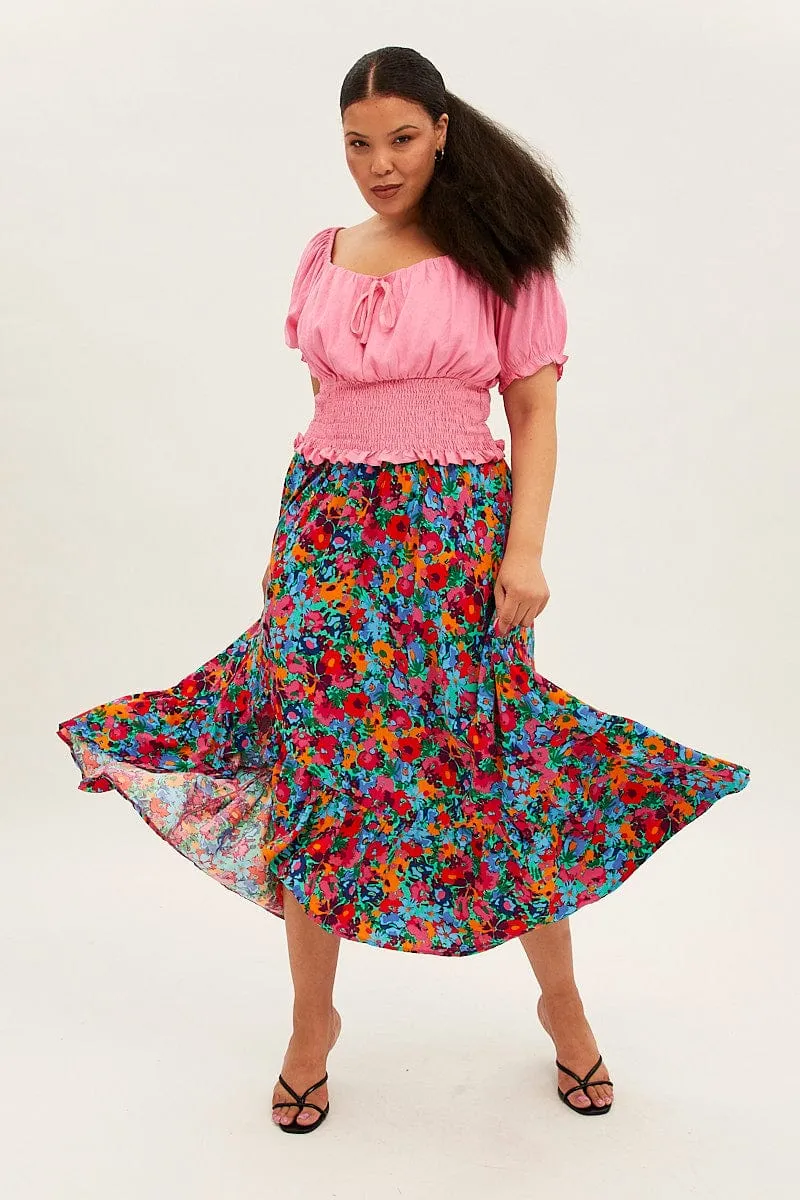 Multi Floral Print Maxi Skirt Cozy Feel Light Outfit
