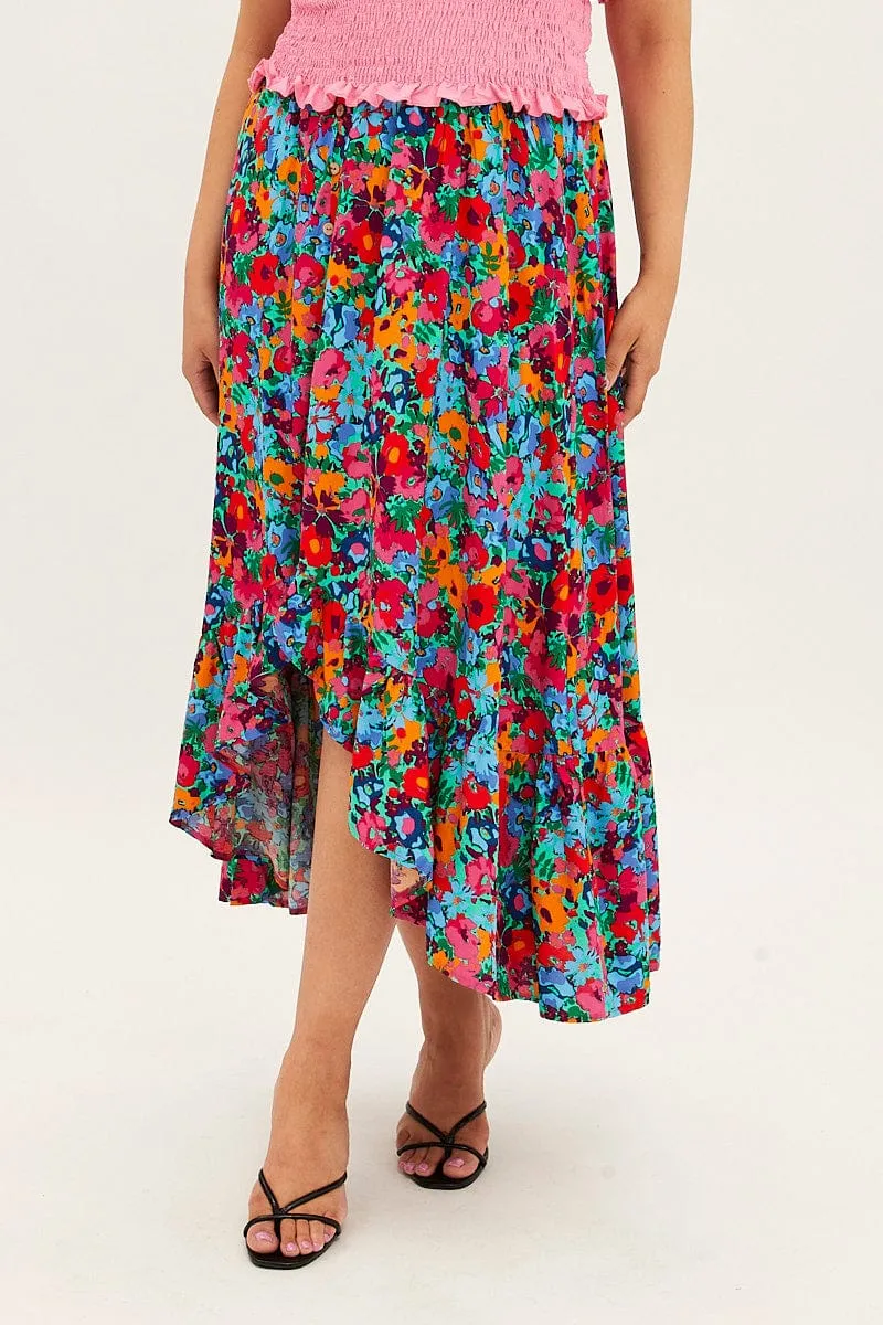 Reinforced Hemline Multi Floral Print Maxi Skirt
