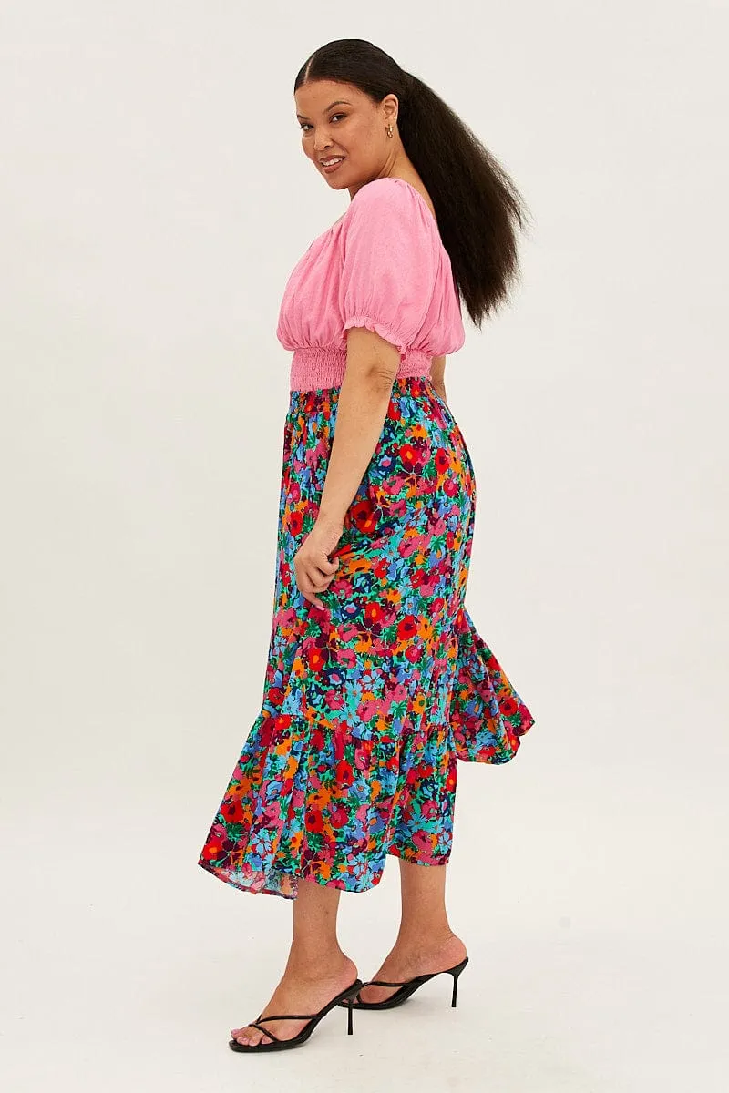 Multi Floral Print Maxi Skirt Waist Defining Slow Fashion