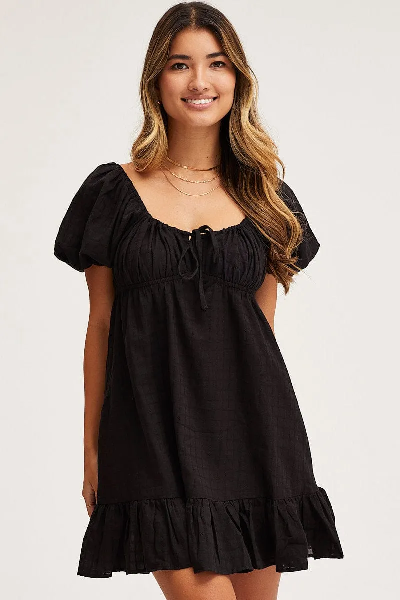 Black Skater Dress Short Sleeve Mini FlexibleElasticity