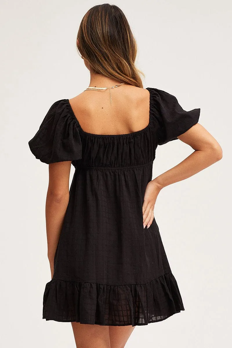 Black Skater Dress Short Sleeve Mini Versatile Hat Modern Cut