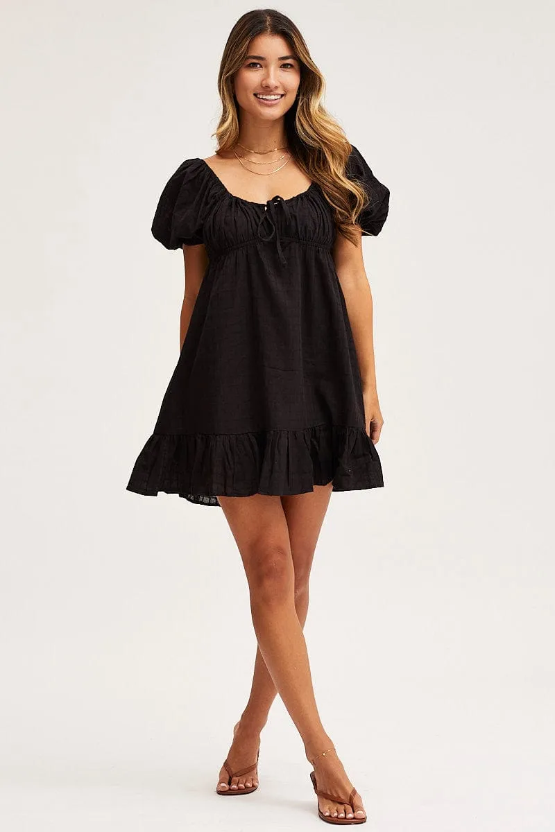 Black Skater Dress Short Sleeve Mini TactileStitching
