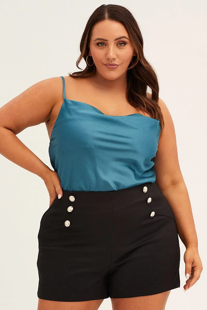 Lounge Wear Breezy Fit Blue Cowl Neck Satin Singlet Bodysuit