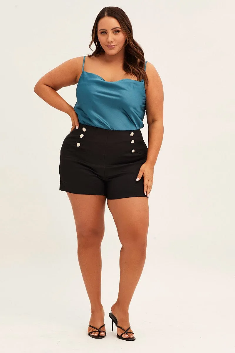 Model Glow Blue Cowl Neck Satin Singlet Bodysuit