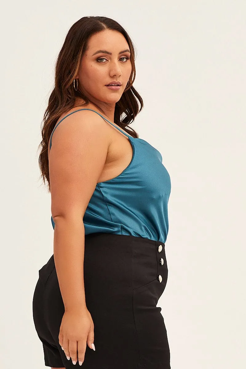 Love Energy Blue Cowl Neck Satin Singlet Bodysuit
