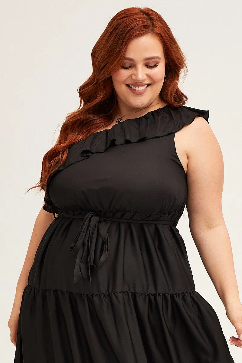 Light Comfort Daily Comfort Black Midi Dress One Frill Shoulder