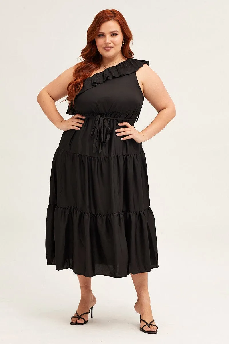 Black Midi Dress One Frill Shoulder Trendy Outfit