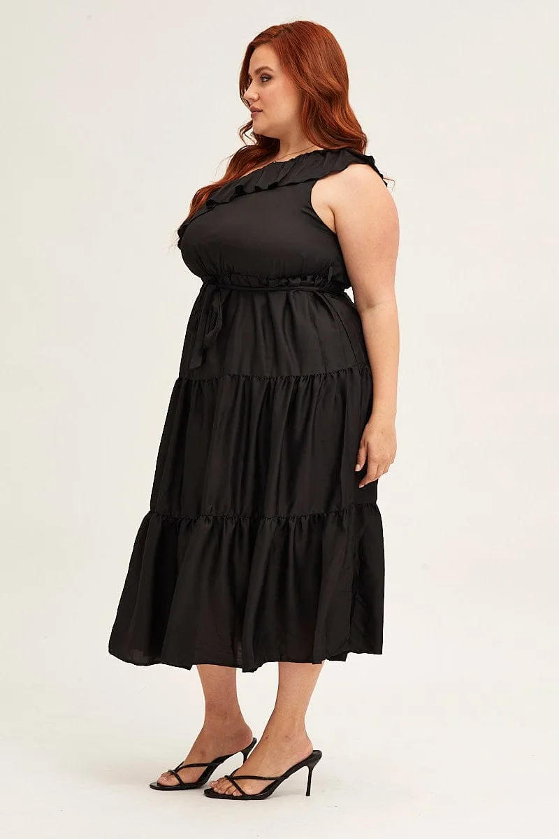 Black Midi Dress One Frill Shoulder Versatile midi dress with pockets Space Glow