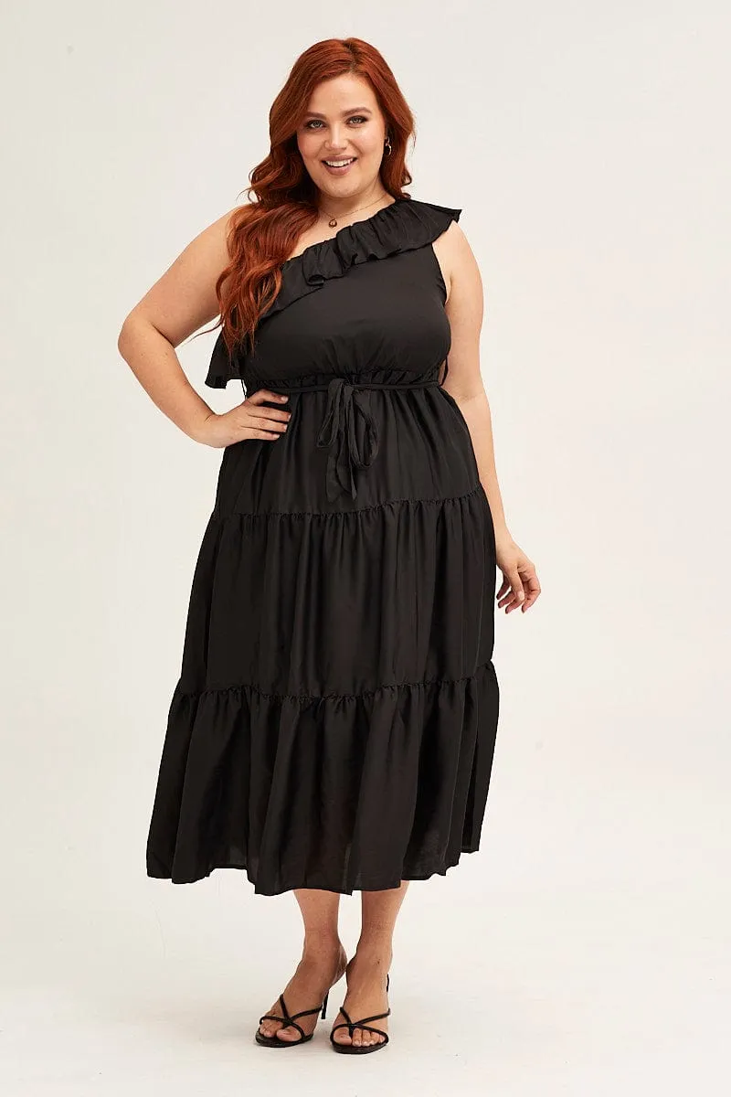 Fur Warm Black Midi Dress One Frill Shoulder