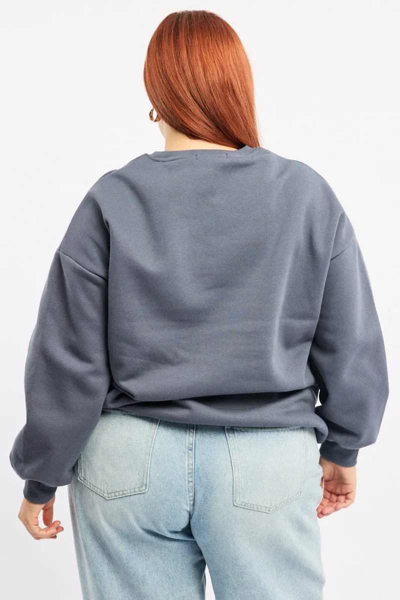 product competitive edge buckle accents Blue Oversized Sweater Long Sleeve Crew Neck