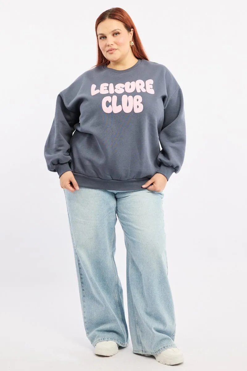 Blue Oversized Sweater Long Sleeve Crew Neck All-day Comfort
