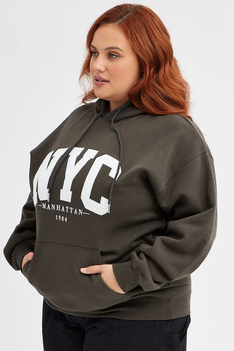 Grey Hoodie Sweatshirt Pocket Nyc Embroidered Oversized fit for home