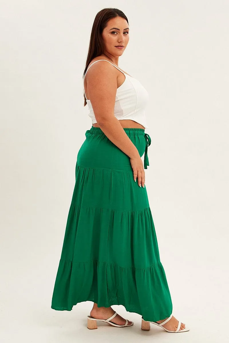 Green Maxi Skirt High Waist Tiered Two Tone Trim Classic Appeal