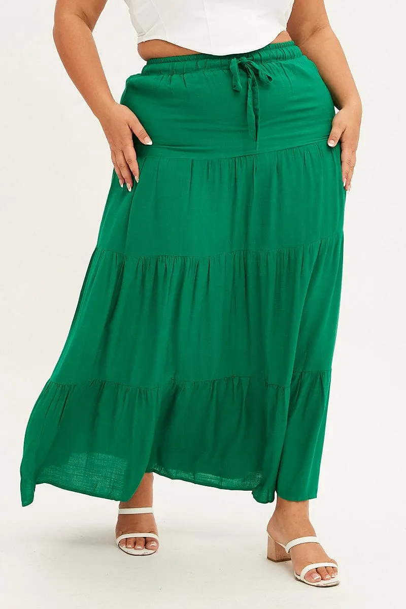 Green Maxi Skirt High Waist Tiered Opaque Lining