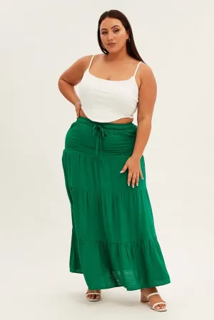 Diagonal Slit Green Maxi Skirt High Waist Tiered
