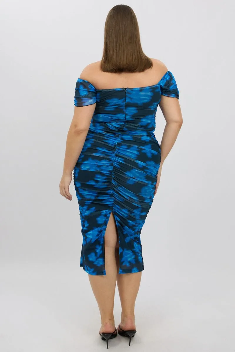 Blue Abstract Midi Dress Off Shoulder Ruched Mesh Everyday midi for work