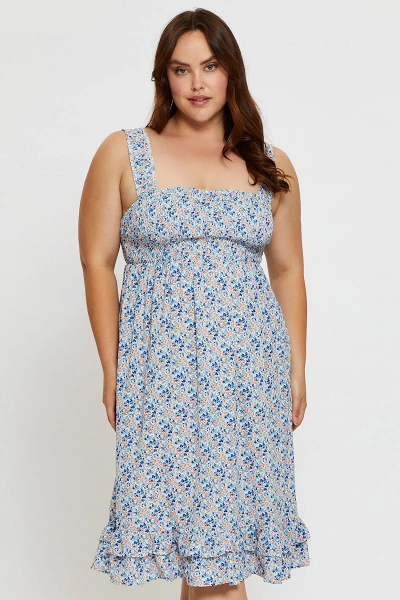 Ditsy Print Midi Dress Scoop Neck Sleeveless All Season Style