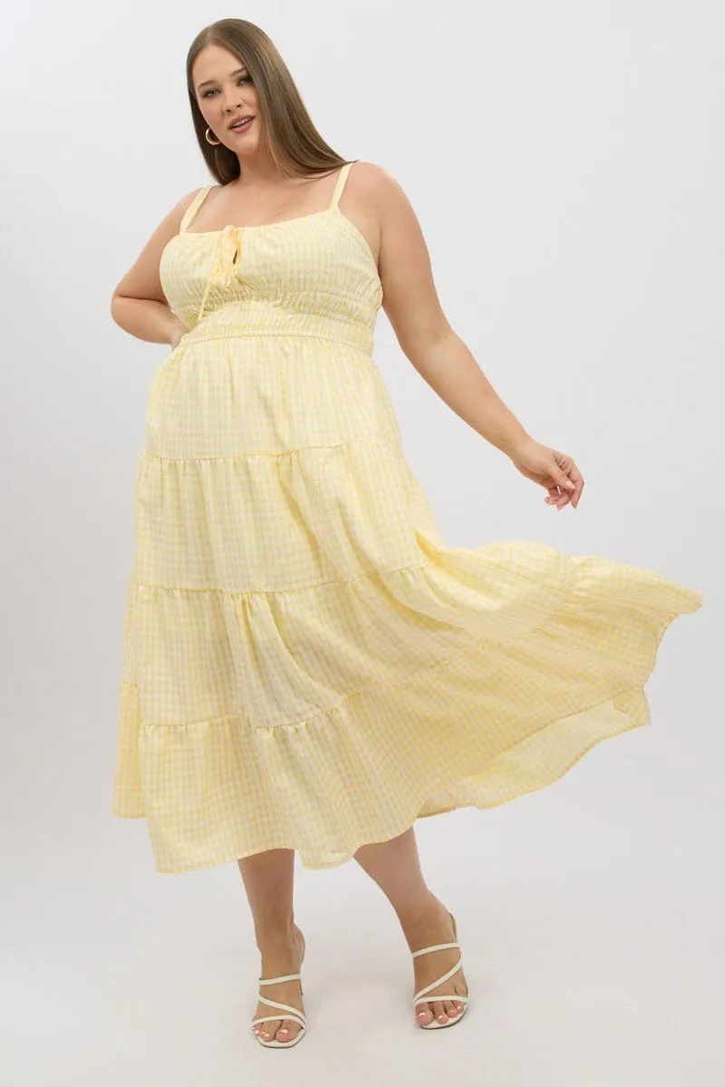 Yellow Check Midi Dress Sleeveless Tiered Korean Vibe Star Light