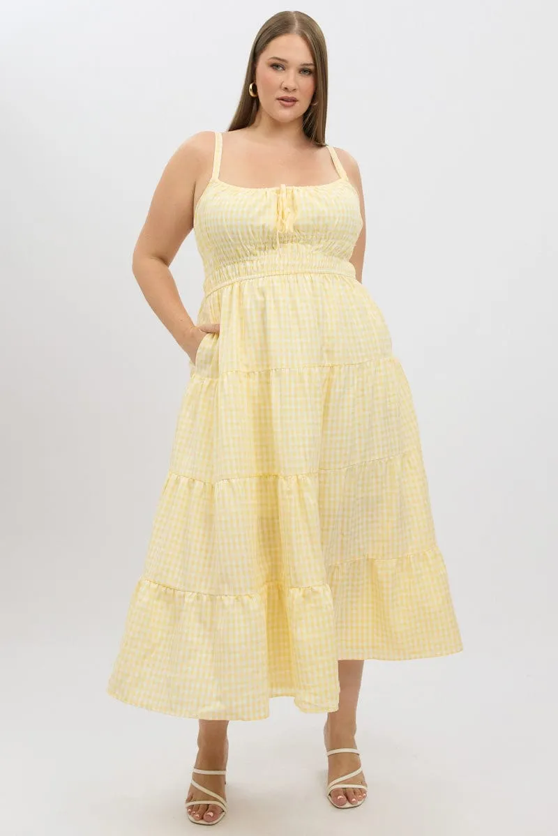 Yellow Check Midi Dress Sleeveless Tiered Day Off Style Dinner Date