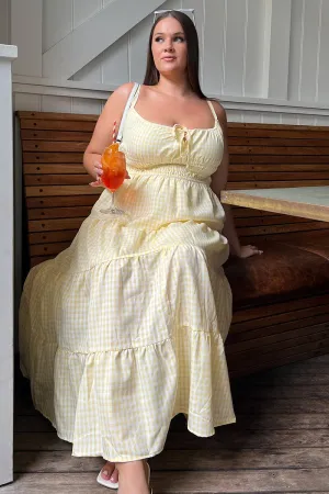 Trendy Wear british retro Yellow Check Midi Dress Sleeveless Tiered