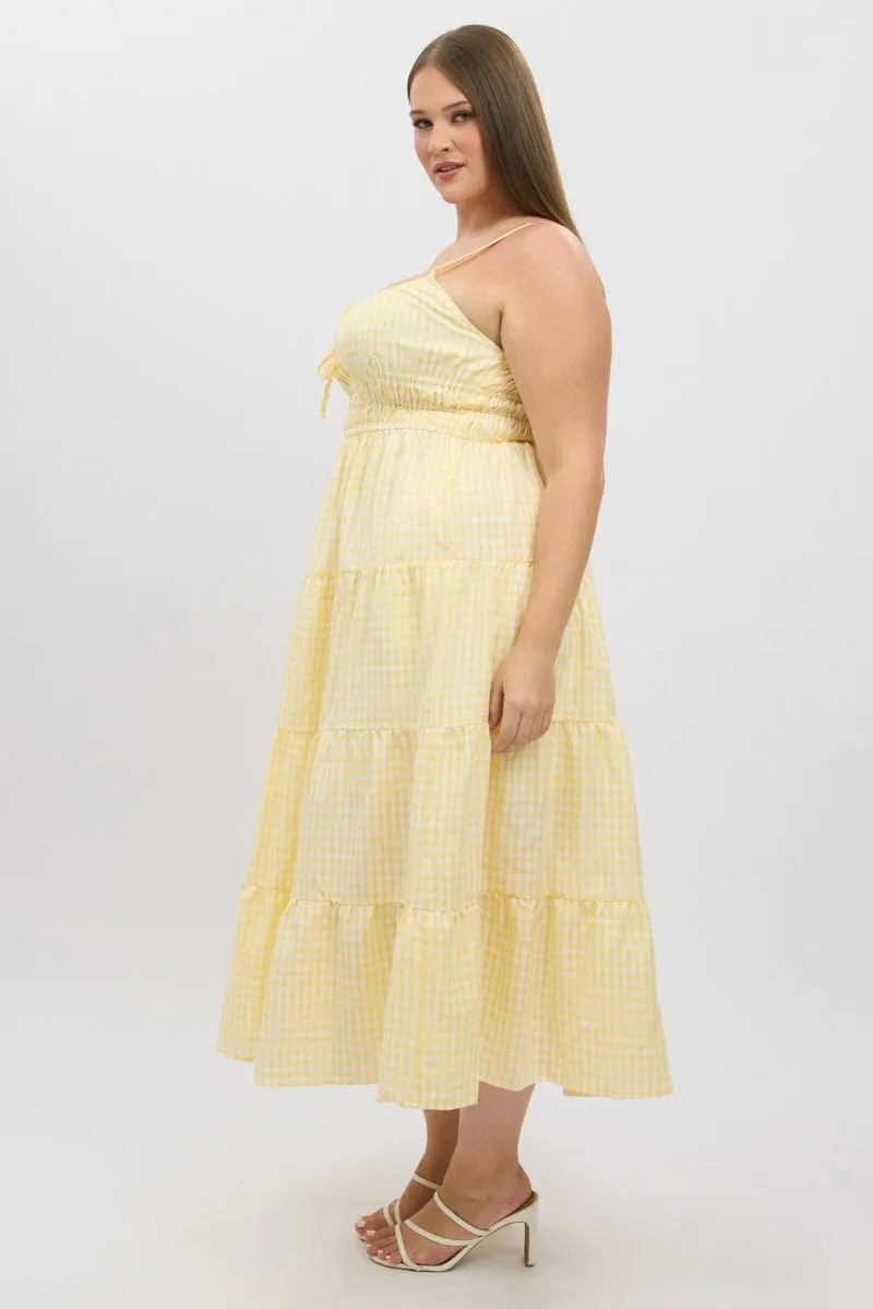 Art Gallery Comfortable Style Yellow Check Midi Dress Sleeveless Tiered